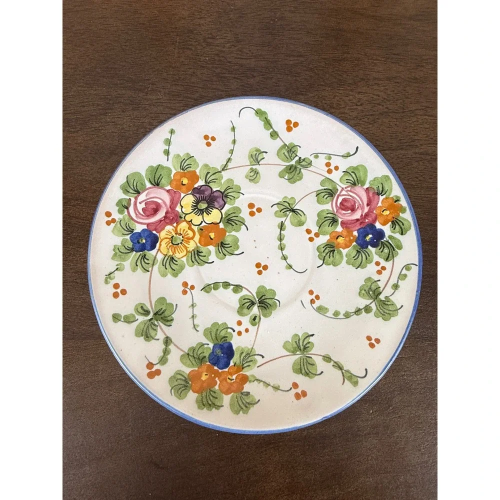 Vintage Majolica Italy Floral Stoneware Teacups and Saucers Set‎ of SIX (6)